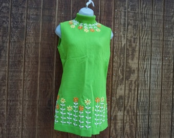 Vintage knit 1960s mini dress floral embroidered size large green, yellow, orange by Sebastian