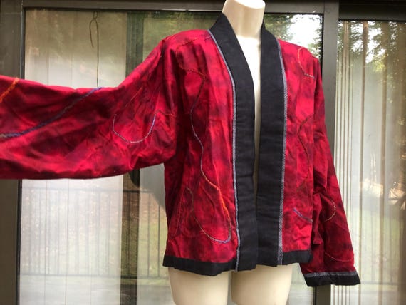 Reversable jacket open front fun unique red embro… - image 3