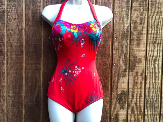 Swim suit floral Size 12 medium one piece halter … - image 1