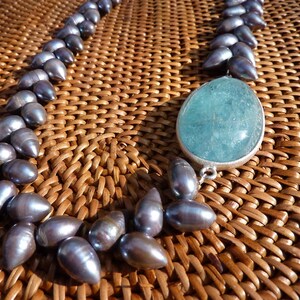 Kette Perle schwarz, Aquamarin, Silber Bild 4