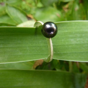 Ring silver, freshwater pearl black image 1