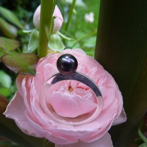Ring silver, freshwater pearl black image 2