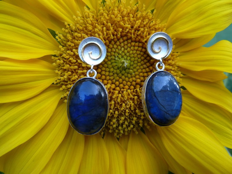 Earrings silver, gold, labradorite image 1