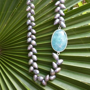 Kette Perle schwarz, Aquamarin, Silber Bild 1