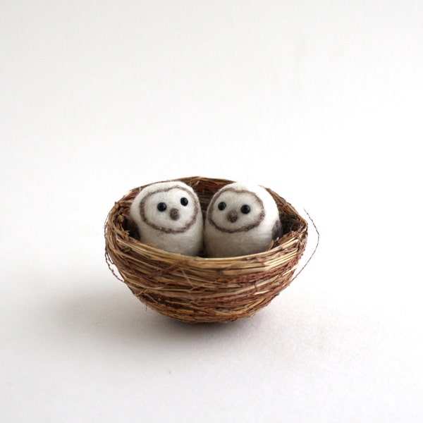 Two Little Owls in a Nest - Wool Animal - Woodland Decoration