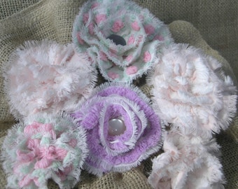 6 Handmade Vintage Chenille Bedspread Fabric Flowers Gorgeous Ruffly Morgan Jones Rosebud~Hoffman