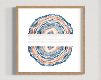 May include: A watercolor illustration of a tree ring with blue, red, and beige rings. The illustration is framed in a light brown wood frame. The text in the image is in Hebrew.