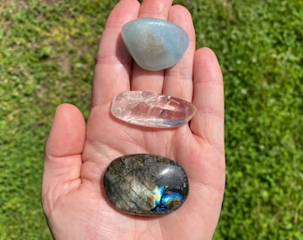 Throat Chakra Healing Stone Set - Labradorite - Aquamarine - Clear Quartz