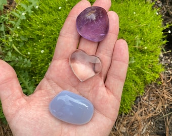 Third Eye Chakra Healing Crystal Set - Chalcedony - Amethyst - Clear Quartz