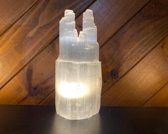 9" White Selenite Crystal Lamp - Moroccan Healing Stone