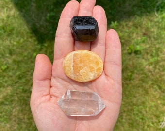 Solar Plexus Chakra Healing Stone Set -  Black Tourmaline - Yellow Calcite - Clear Quartz