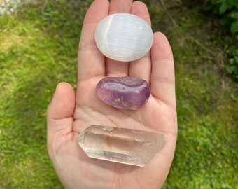 Crown Chakra Healing Stone Set - Selenite - Amethyst- Clear Quartz