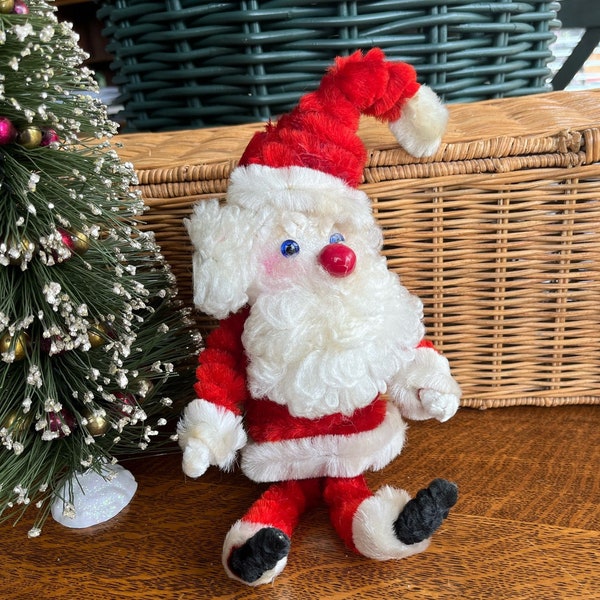 Vintage Handmade Felt over Styrofoam Bendable Santa Handmade Christmas, 1950's or 60's  Christmas Cardboard Fireplace, Chenille Santa