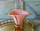 Vintage Midcentury Ceramic Planter in a Gold Metal Stand, Pink Ceramic Basket Planter,