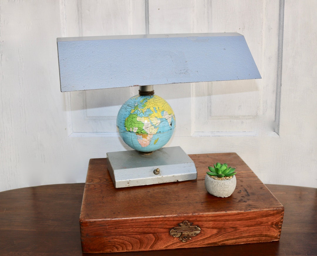 Vintage Globe Desk Lamp, Mid Century Lamp, Gray Silver Office Lamp