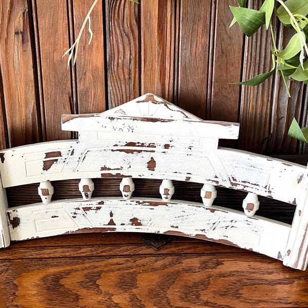 Antique Ornate Solid Wood Pediment white Chippy Paint Wood Architectural Salvage Vintage Wall Decor Farmhouse Free Shipping, Cottage Decor