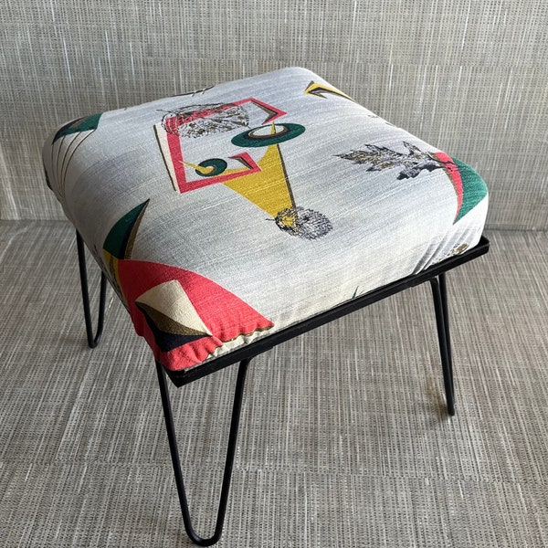 Vintage Mid-Century Stool, Stool With hairpin Legs and Atomic Style Barkcloth Fabric, Free Shipping