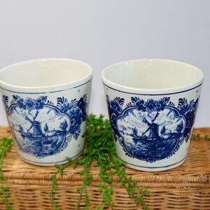 Vintage Pair of Ceramic Flower Pots, Blue and White Delph Handprinted Pottery, Windmills, Signed Pottery, Free Shipping