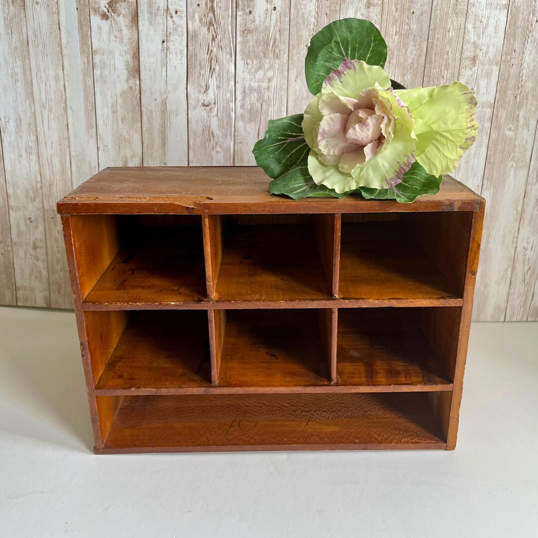 Vintage Wood Desk Organizer, Antique Primitive Storage, Chippy