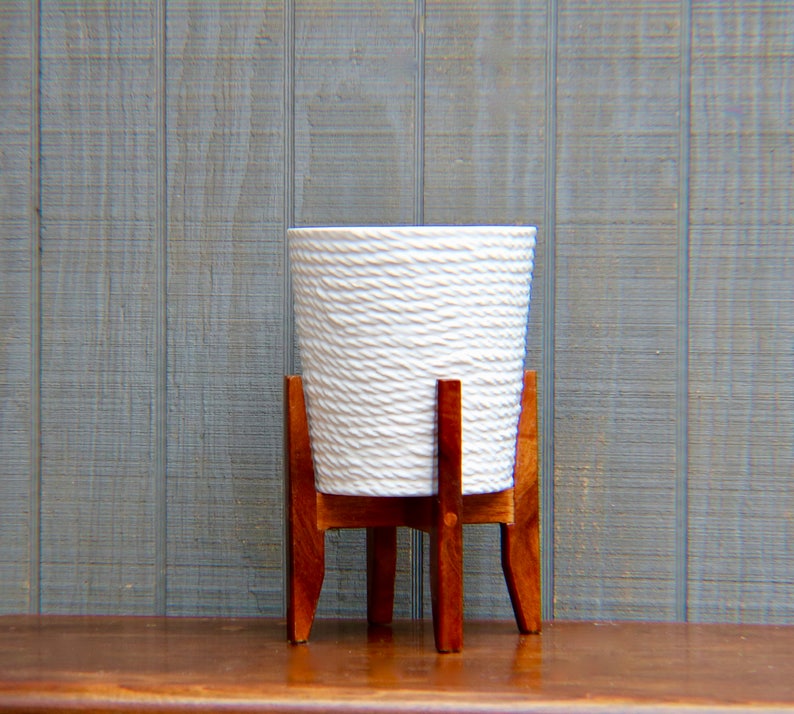Vintage Ceramic Flower Pot On An Wooden Stand Planter A