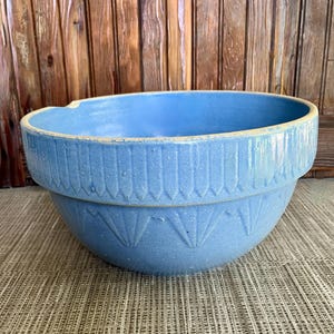 May include: A light blue ceramic mixing bowl with a decorative pattern around the rim and base. The bowl has a wide opening and a small spout. The bowl is likely vintage and is suitable for kitchen use.