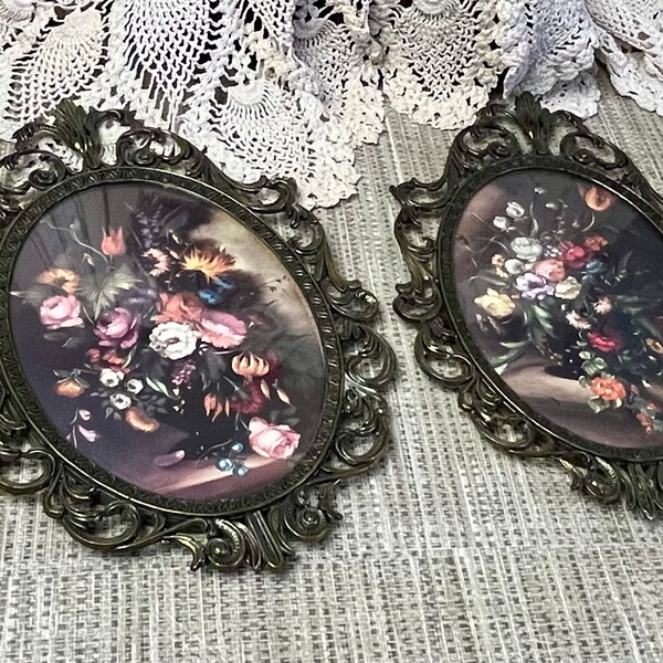 Antique Brass Framed Art Prints, Floral Prints on Black Back Gounds Set of 2 Ornate Oval Frame, Wall Decor Made in Italy  Free Shipping