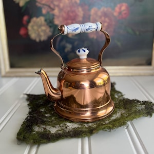 Vintage Copper Teapot Kettle with Delft Handle Blue and White Ceramic Handle and Knob Free Shipping,