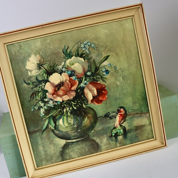 Vintage Midcentury Framed Art Print, Flowers and Bird, Blue and Beige, Floral Still-life, Cottage Style, Free Shipping