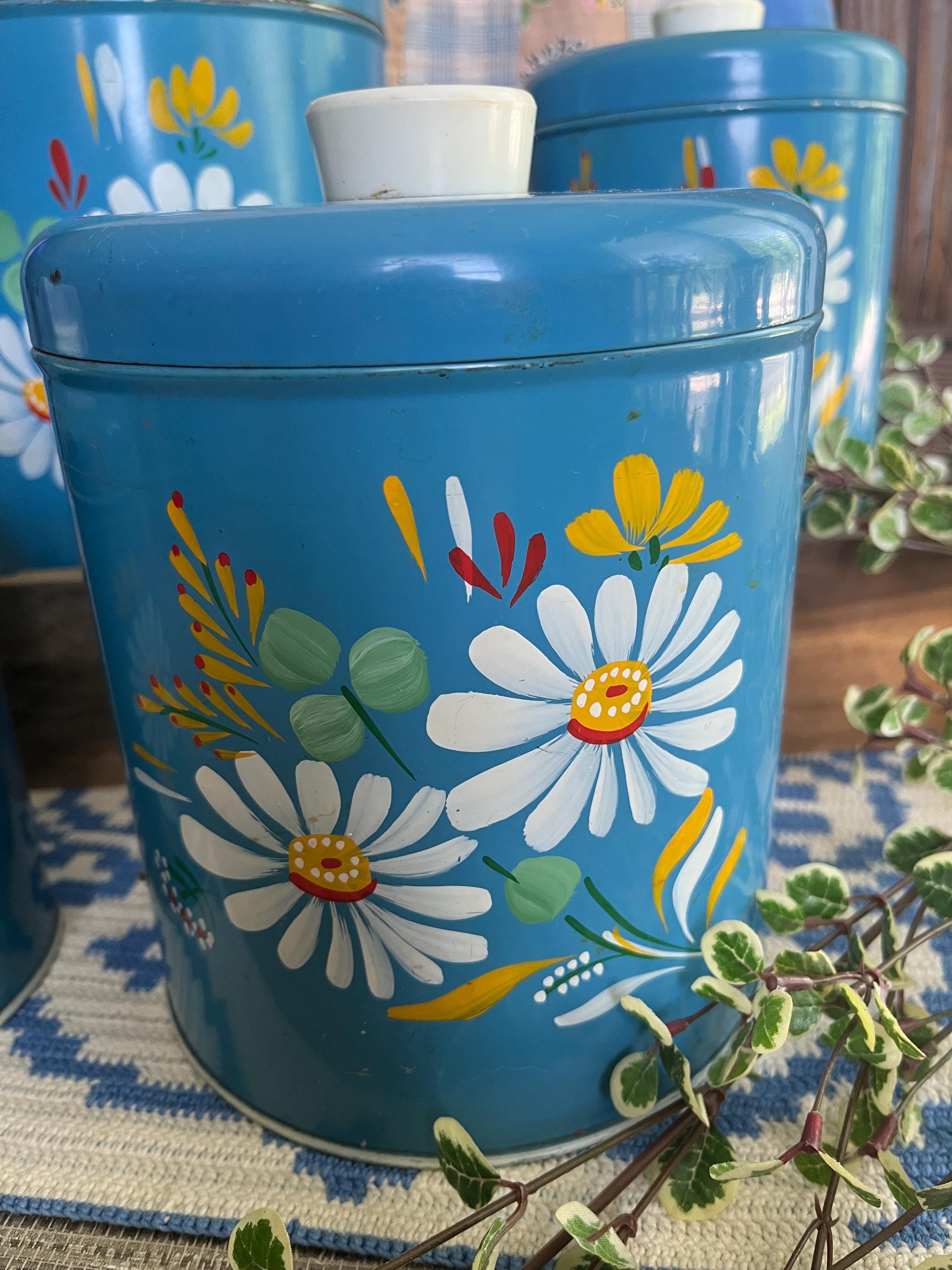 Vintage Blue Ransburg Canister Set Graduated Hand Painted