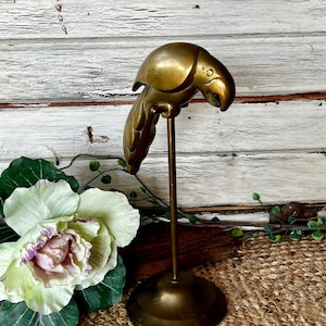 Vintage Brass Parrot Bird Figurine Perched on a Stand, Brass Parrot Statue Made in Korea Free Shipping Vintage Bird Decor