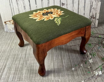 Vintage Needlepoint Footstool, Hand Stitched Green Background With Yellow Sunflowers, Farmhouse Decor Free Shipping