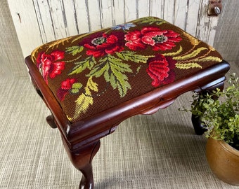 Vintage Needlepoint Footstool, Hand Stitched Brown background with Red and Blue Flowers Farmhouse Decor Free Shipping