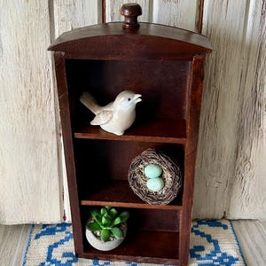May include: A dark brown wooden wall shelf with three open tiers. The top shelf holds a small beige ceramic bird figurine. The middle shelf contains a woven twig nest with two light blue eggs. The bottom shelf features a green succulent in a pot.