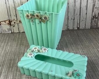 Vintage Midcentury Mint Green Bathroom Set, Trash Can and Tissue Holder With Jewels, Bejeweled Wastebasket  Free Shipping