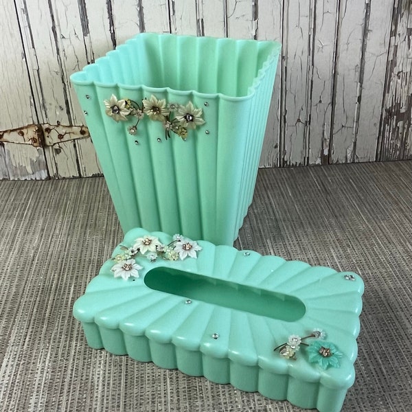 Vintage Midcentury Mint Green Bathroom Set, Trash Can and Tissue Holder With Jewels, Bejeweled Wastebasket  Free Shipping