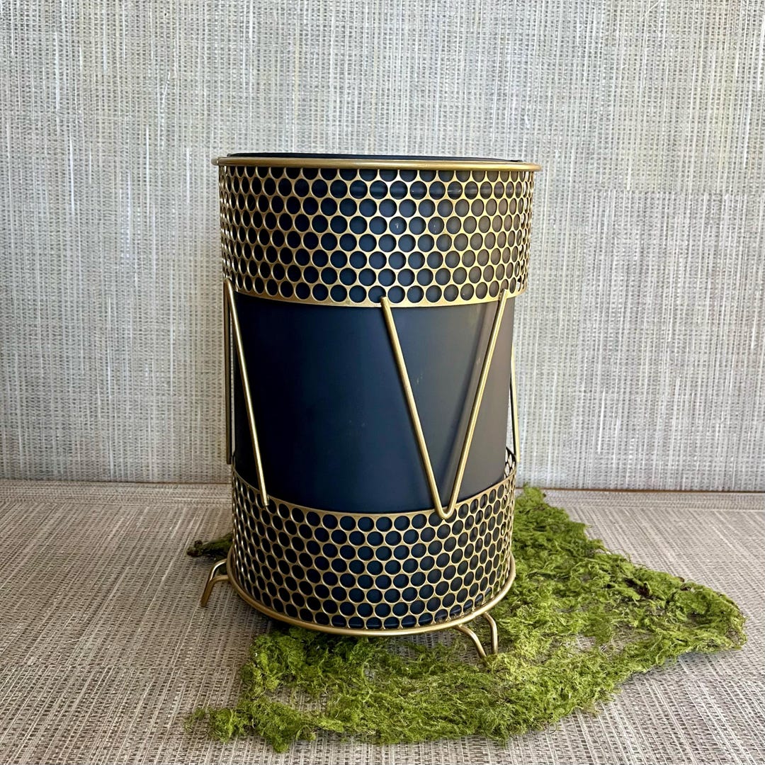 Midcentury Trash Can, Vintage, Modern Round Black and Gold Wastebasket ...