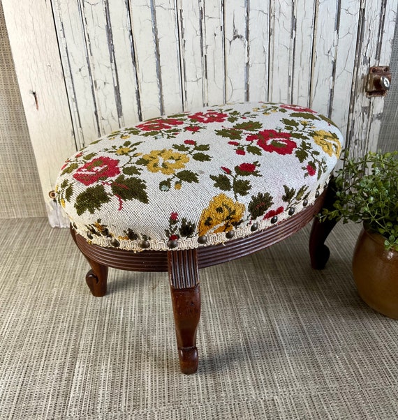 Vintage Midcentury Upholstered Footstool Red and Yellow Floral Ottoman Free Shipping Midcentury Furniture Etsy