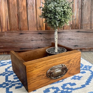 May include: A small, wooden box with a decorative metal handle, holding a potted topiary tree. The box is made of light brown wood and sits on a blue and white patterned rug. The topiary has small green leaves.