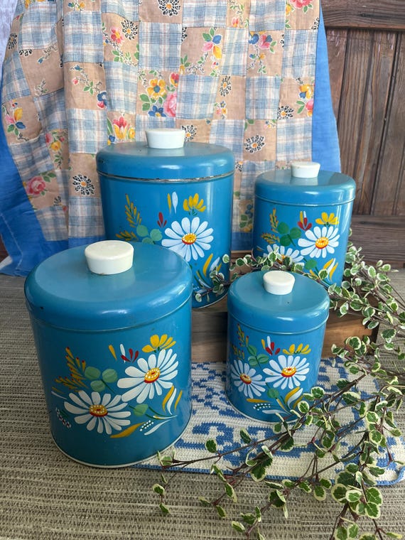 ランズバーグ　Ransburg アンティークキャニスター 缶 Vintage Blue Ransburg Canister Set Graduated Hand Painted