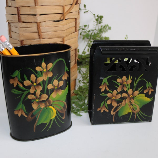 Vintage Midcentury Desk Set, , Two Piece Metal Set, Hand Painted Floral,  Pencil /Pen Container, Letter Holder, Free Shipping