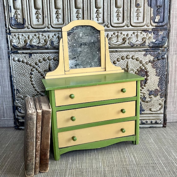 Vintage Antique Three Drawer Doll Dresser, Green and Beige, Free Shipping, Jewelry Storage Farmhouse Decor