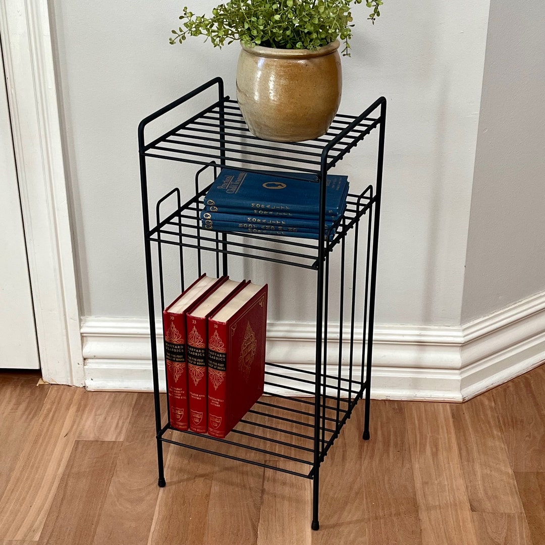 Vintage Small Black Metal Book Shelf, Black Metal Two Tier Plant Stand, End Table, Additional