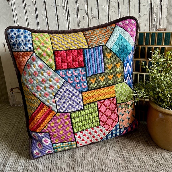 Vintage Needle Accent Pillow, Decorative Pillow, Multi color Quilt Design, Free Shipping, Retro Boho Decor