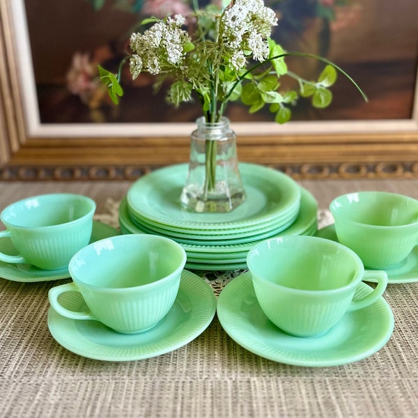 Vintage Jadeite Dinnerware Fire King Jane Ray Pattern, Four Each Dinner Plates, Salad Plates, Cups/Saucers,