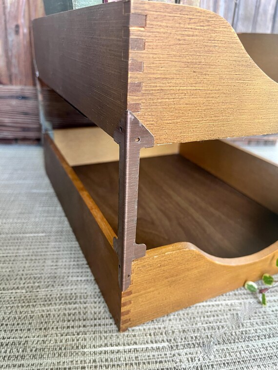 Vintage Wood Desk Tray, 2 Tier Stacking Letter Size Paper Tray