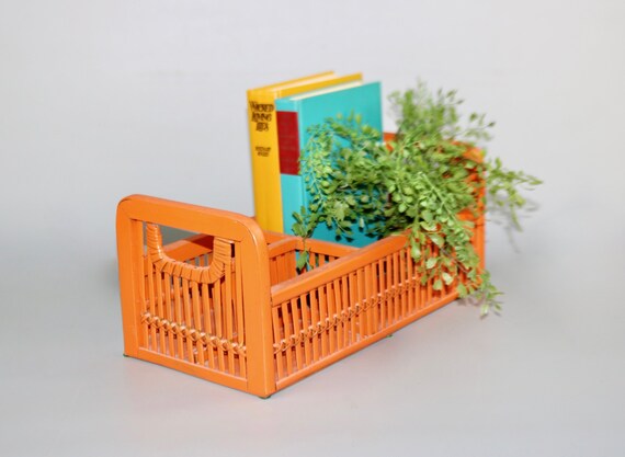 Vintage Wood And Rattan Desk Organizer Orange Rattan Storage Etsy
