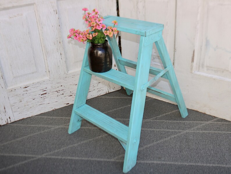 Vintage Wood Step Ladder Painted Wood Ladder Decorative Step Etsy