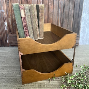 Vintage Wood Desk Tray, 2 Tier Stacking Letter Size Paper Tray