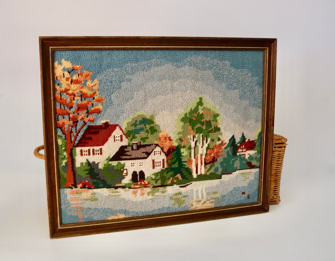 Vintage Country Cottage Needlepoint Wall Art Framed Hand - Etsy