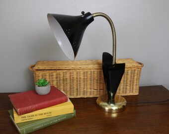 Vintage Midcentury Table Lamp, Back Metal Gooseneck Lamp, Brass Base With Leaves and Tulip Design. Retro Modern